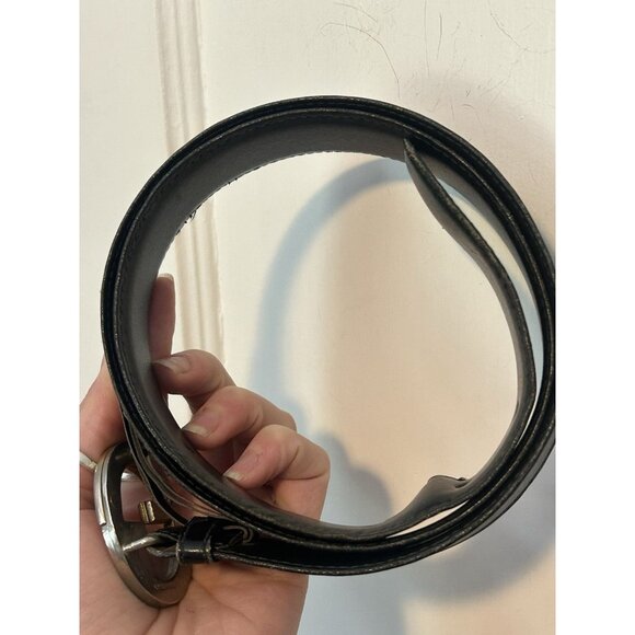 Gucci Vintage Two Tone GG Logo Black Leather Belt Gold Silver Buckle Size 85 cm